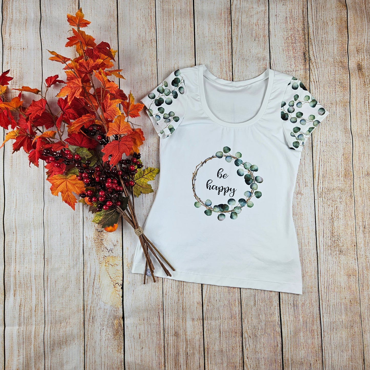 Damen Basicshirt Be happy Eukalyptus