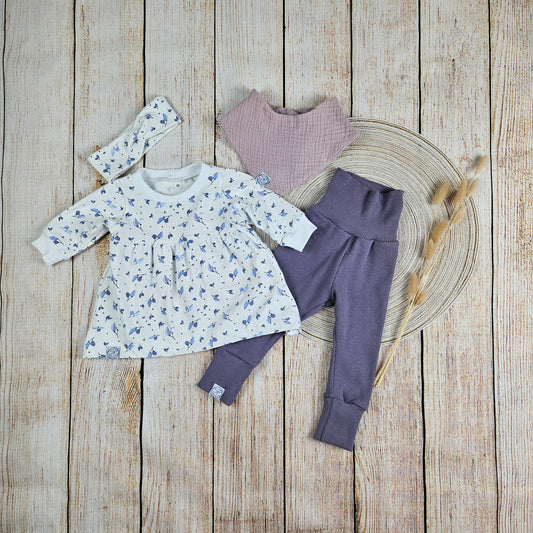 Babyset Blätter und Zweige Basickleid, Leggings, Haarband und Dreieckstuch