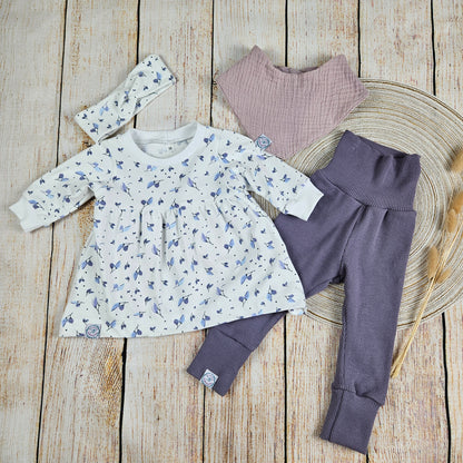 Babyset Blätter und Zweige Basickleid, Leggings, Haarband und Dreieckstuch