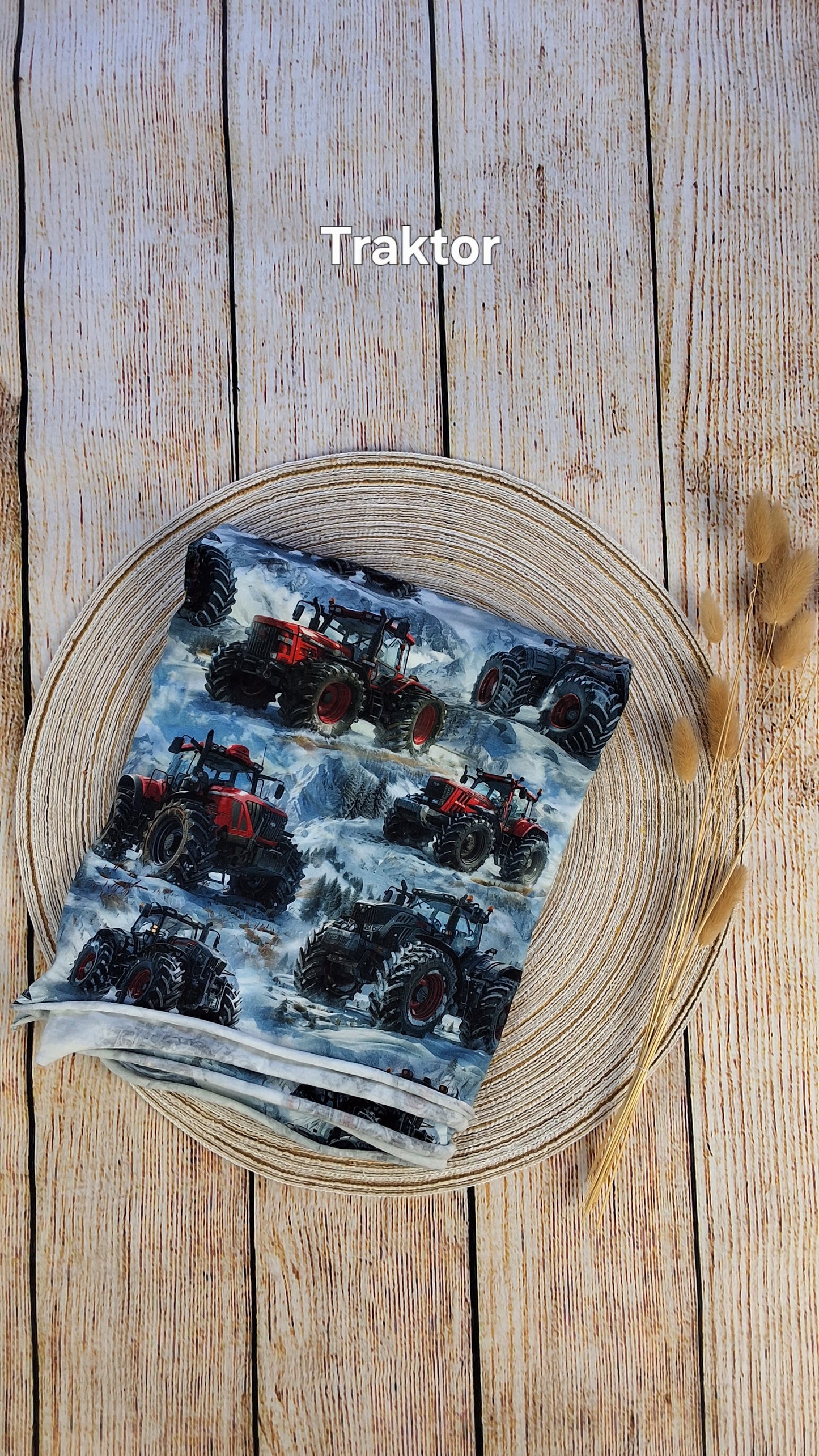 Baumwolljersey Röllchen 0,5 Meter Traktor blau